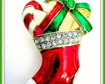 Vintage Diamond Rhinestone Red Green White Enamel Christmas Santa Stocking Pin Brooch, Holiday Brooches Pins Jewelry, VintagePinsBrooches