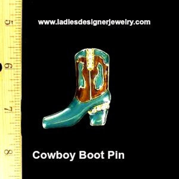 Vintage Western Cowboy Boot Teal Bronze Crystal Rhinestone Pin Brooch