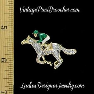 Vintage Horse Racing Jockey Rhinestone Enamel Pin Brooch, Kentucky Derby Pins, Royal Ascot Brooch, Estate Jewelry Horse, VintagePinsBrooches