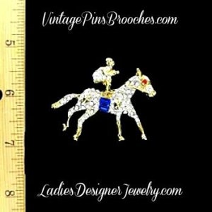 Vintage Horse Racing Jockey Brooch Pin, Sports Kentucky Derby Pin Brooch, Sapphire Blue Baguette Diamond Rhinestone Equestrian Pins Brooches