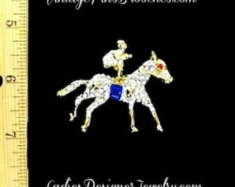 Vintage Horse Racing Jockey Brooch Pin, Sports Kentucky Derby Pin Brooch, Sapphire Blue Baguette Diamond Rhinestone Equestrian Pins Brooches