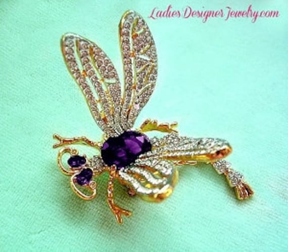 Huge Rhinestone Purple Amethyst Dragonfly Designer Pin Brooch - Main Image