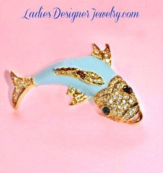 Ocean Blue Enameled Bass Fish Pin Brooch, Pave Da… - image 1