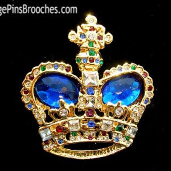 Vintage Rhinestone Blue Sapphire Diamond Emerald Amethyst Royal Family Princess Queen's Crown Pin Brooch, Prom Wedding Bridal Beauty