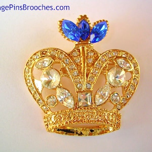 Vintage Blue Sapphire Diamond Rhinestone Royal Crown Broszka Pin Biżuteria, Prom Pageant Religion Broszki Pins Crowns, Religijna Korona Pin