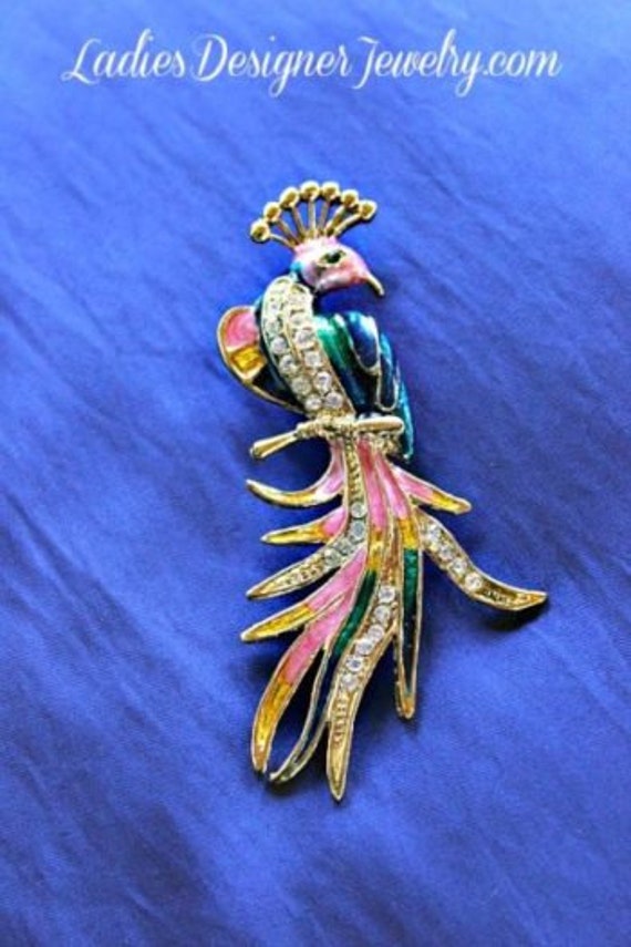 Peacock Bird Enamel Rhinestone Pin Figural Vintage