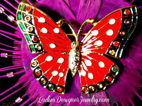Vintage Red Enamel Rhinestone Crystal Butterfly B… - image 2