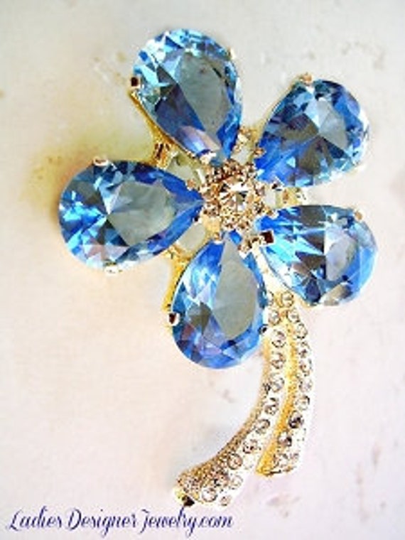 Vintage Blue Topaz Rhinestone Flower Pin Brooch, … - image 1