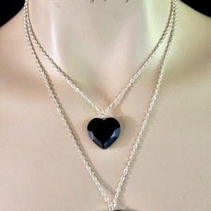 Vintage Double Chain Black Onyx Heart Necklace 2 Hearts, Ladies Designer Fashion Necklaces Jewelry Love Gothic Funeral Estate Dress Jewelry