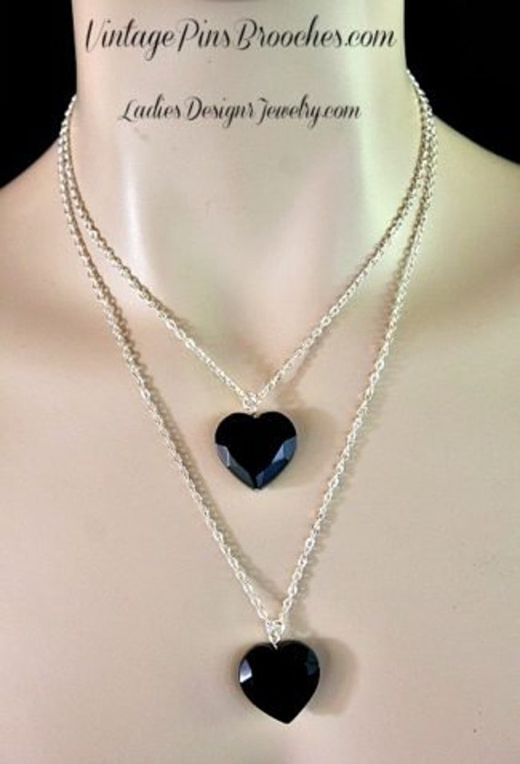 Vintage Double Chain Black Onyx Heart Necklace 2 H