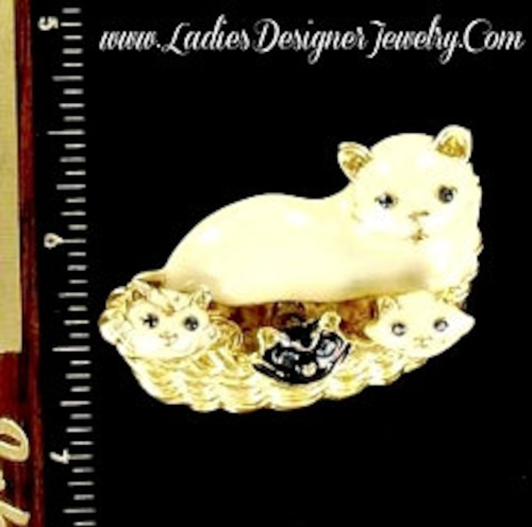 Vintage White Black Enamel Mother Cat and Kittens Pin Brooch Cats ...