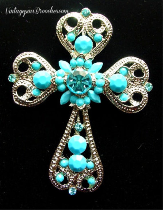 Vintage Large Christian Catholic Orthodox Cross Crucifix Turquoise