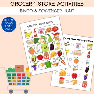 Tienda de comestibles BINGO y búsqueda del tesoro, actividades para niños, juego imprimible, actividad preescolar