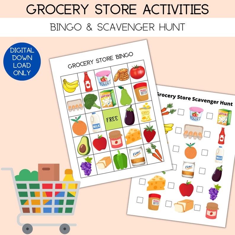 Grocery Store BINGO &amp; Scavenger Hunt, Kid Activities, Printable Game ...