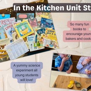 May include: A collection of children's books about baking and cooking, with titles like "Cooka-Doodle Doo!" and "Cake Day".  The books are arranged on a wooden surface with a white brick wall in the background.  The text "In the Kitchen Unit Study" is written in large letters at the top of the image.  Two children are shown in the bottom right corner of the image, eating lemons.