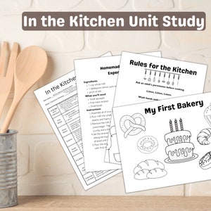 May include: Black and white printable worksheets for a kitchen unit study. The worksheets include a recipe for homemade buttermilk, rules for the kitchen, and a coloring page for a bakery.