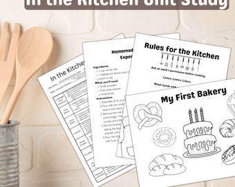 Puede incluir: Hojas de trabajo imprimibles en blanco y negro para un estudio de unidad de cocina. Las hojas de trabajo incluyen una receta para suero de leche casero, reglas para la cocina y una página para colorear para una panadería.