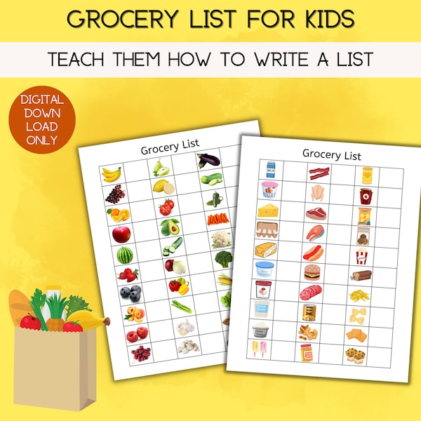 Reusable Grocery Store List for Kids, Grocery Table, Kid Activities, Reusable List, Printable List, Preschool Activity, Digital Download