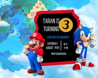 May include: Birthday invitation featuring Mario and Sonic the Hedgehog. The invitation has a black background with red accents and the text "Taran is turning 3". The date and time of the party are also included.