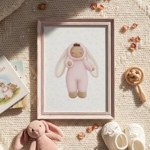 May include: A framed print of a baby in a pink bunny costume. The image is surrounded by a plush bunny, a wooden rattle, a pair of white baby booties, and a children's book. The background is a cream-colored knitted blanket.