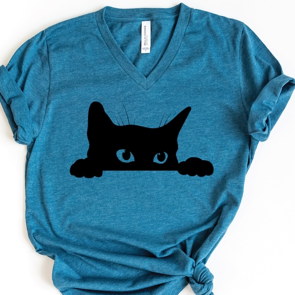 Black Cat V-Neck Shirt, Cat Lover Shirt, Cute Kitty Shirt, Cat Owner Shirt, Gift For Cat Lover, Animal Lover Shirt, Gift For Cat Owner