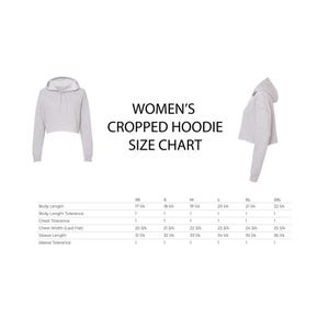 The image is a size chart for a women's cropped hoodie. It shows the measurements for various body lengths, chest widths, sleeve lengths, and shoulder widths.