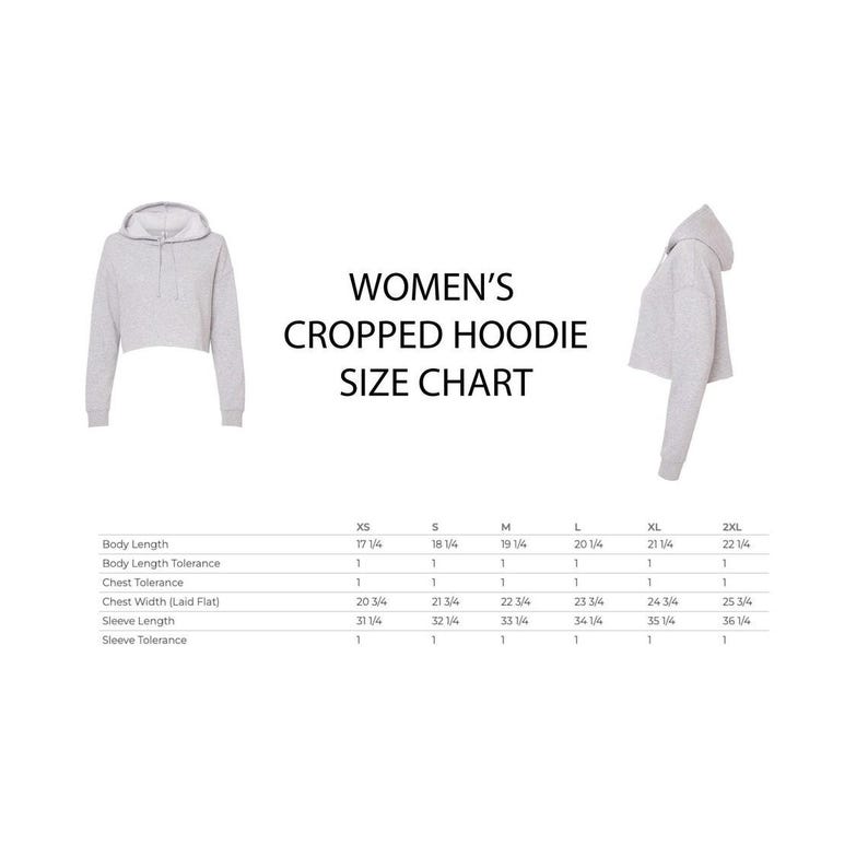 The image is a size chart for a women's cropped hoodie. It shows the measurements for various body lengths, chest widths, sleeve lengths, and shoulder widths.