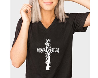 Christian Cross V-Neck Shirt, Cross Tree Shirt, Christian Shirt, Jesus Shirt, Gift For Christian, Faith T-Shirt, Religious Shirt