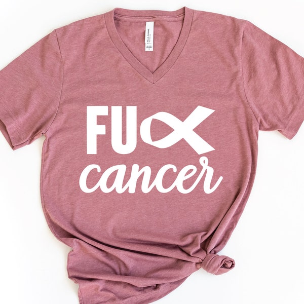 Fuck Cancer V-Neck Shirt, Cancer Ribbon Shirt, Awareness Shirt, Cancer Survivor Shirt, Funny Cancer Shirt, Breast Cancer T-Shirt