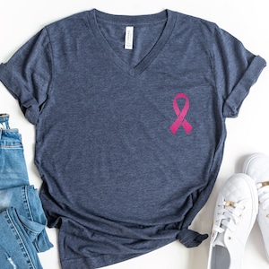 Breast Cancer V-Neck Shirt, Breast Cancer Support Shirt, Breast Cancer Awareness T-Shirt, Cancer Fighter Shirt, Pink Ribbon Shirt