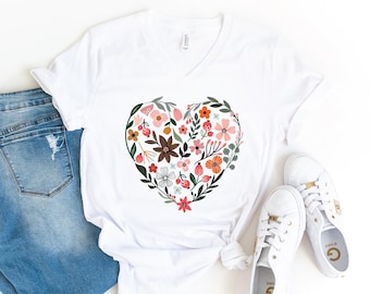 V-Neck Wildflower Shirt: Botanical Floral Design - Soft Cotton Blend