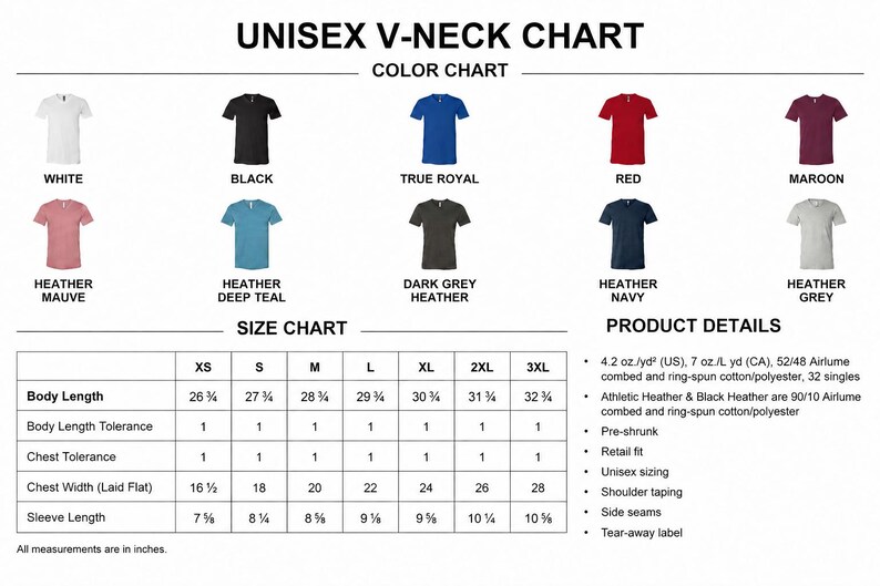 The image is a color chart and size chart for a collection of t-shirts, displaying various color options and corresponding sizes.