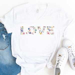 Love V-Neck Shirt, Love Flower T-Shirt, Gift For Fiance, Engagement Shirt, Valentines Day T-Shirt, Cute Love Shirt, Lover Shirt