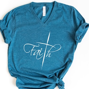 Faith V-Neck Shirt, Religious Shirt, Christian Shirt, Vertical Cross T-Shirt, Christian Gift, Faith Cross Shirt, Jesus Lover Gift