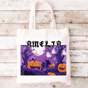 Personalized Halloween Tote Bag  Black Cat Pumpkin Skeleton Customized Halloween Tote Bag Your Text Ghost Witch Castle Canvas Tote Bag