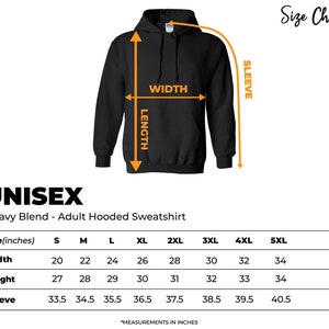 May include: Unisex size chart for a hooded sweatshirt. The chart shows measurements in inches for width, length, and sleeve length for sizes S through 5XL.