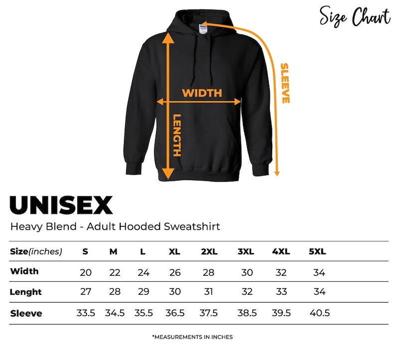 May include: Unisex size chart for a hooded sweatshirt. The chart shows measurements in inches for width, length, and sleeve length for sizes S through 5XL.