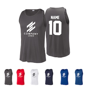 May include: A dark gray athletic tank top with a white company logo on the front and the number 10 on the back. The tank top is sleeveless and has a crew neck. Additional tank tops in red, white, navy, and blue are shown below.