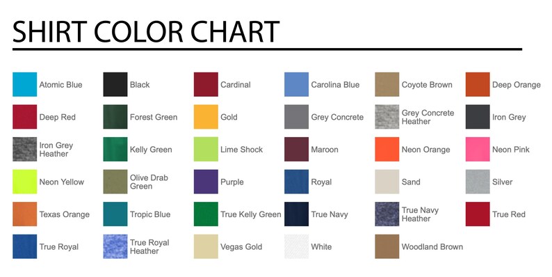 a color chart for a shirt with different colors