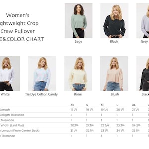 The image is a size and color chart for women's lightweight crop crew pullovers. It displays various styles of pullovers in different sizes and colors, along with corresponding body length, sleeve length, and sleeve tolerance.