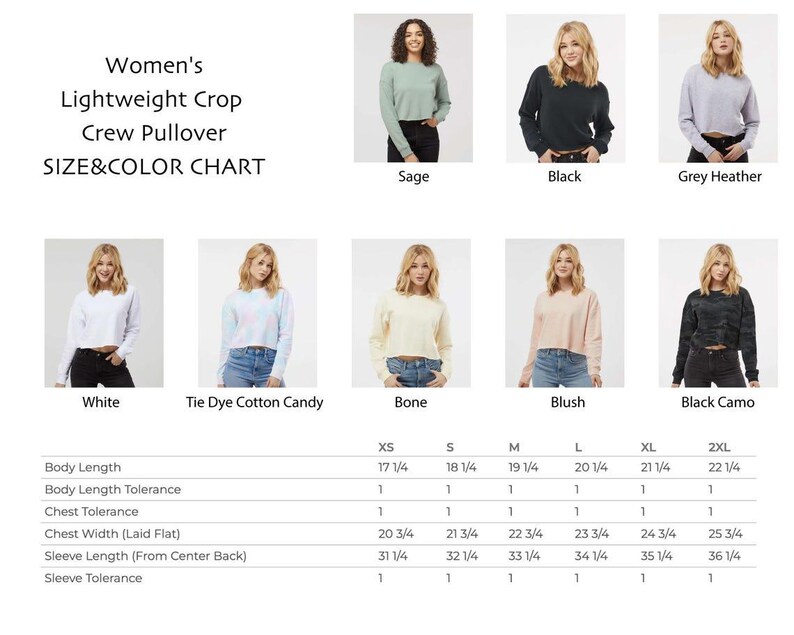 The image is a size and color chart for women's lightweight crop crew pullovers. It displays various styles of pullovers in different sizes and colors, along with corresponding body length, sleeve length, and sleeve tolerance.