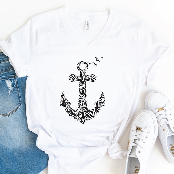 Anchor V-Neck Shirt, Anchor Birds Shirt, Gift For Sailor, Nautical Shirt, Captain Shirt, Summer T-Shirt, Sailor Shirt, Beach Shirt