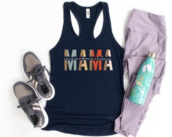 Custom Mama Tank Top, Personalized Mom Tank Top With   Names, Mother's Day Shirt, Leopard Mama Racerback Tank Tops, Mother's Day Gift