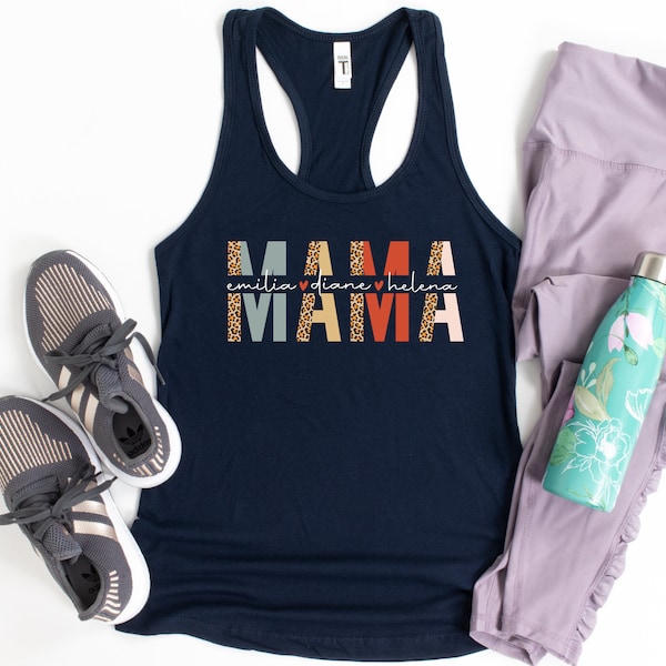 Custom Mama Tank Top, Personalized Mom Tank Top With   Names, Mother's Day Shirt, Leopard Mama Racerback Tank Tops, Mother's Day Gift