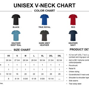 The image is a color chart and size chart for a collection of T-shirts, providing information on the different sizes and colors available.