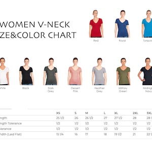 Puede incluir: Tabla de tallas y colores para camiseta de mujer con cuello en V con medidas en pulgadas. La tabla muestra la talla, la longitud del cuerpo, la tolerancia de longitud del cuerpo, la tolerancia del pecho y el ancho del pecho para las tallas XS, S, M, L, XL, 2XL y 3XL. La tabla tambi&eacute;n muestra las opciones de color para la camiseta, que incluyen blanco, negro, gris oscuro, rosa postre, gris jaspeado, verde militar, azul marino medianoche, rojo, azul real y turquesa.