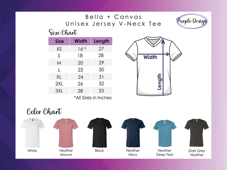 Puede incluir: Tabla de tallas para una camiseta de cuello en V unisex de Bella + Canvas. La tabla muestra las medidas de ancho y largo en pulgadas para las tallas XS a 3XL. Una tabla de colores muestra la camiseta en blanco, malva jaspeado, negro, azul marino jaspeado, azul turquesa jaspeado y gris oscuro jaspeado.