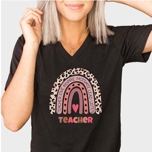 Rainbow Teacher V-Neck Shirt, Teacher&#39;s Day T-Shirt, Gift For Teacher, Teacher Leopard Shirt, Back to School Shirt, Teacher&#39;s Day Gift