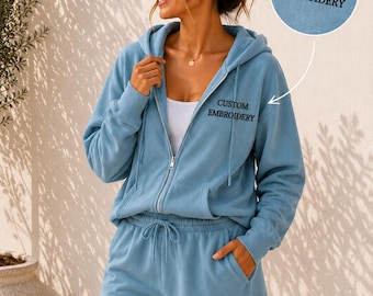 Sweat à capuche zippé brodé et short (options personnalisées), ensemble salon nuptiale