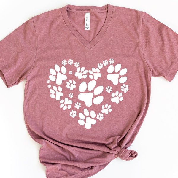 Paw V-Neck Shirt, Pet Lover Gifts, Dog Owner Shirt, Dog Lover Shirt, Dog Paw Heart T-Shirt, Animal Lover Shirt, Gift For Dog Owner
